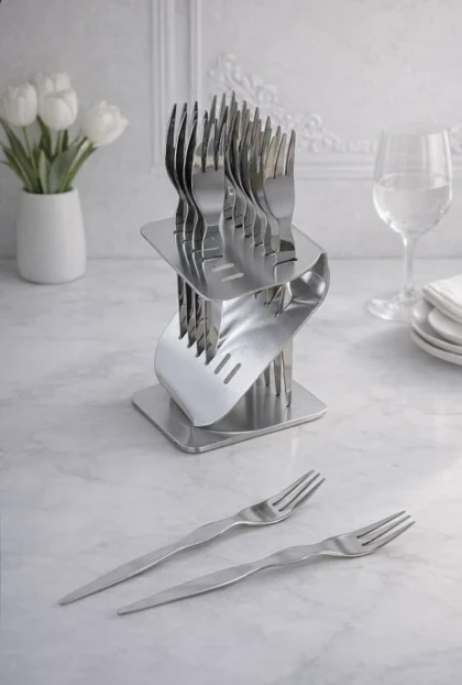 چنگال دسر خوری 12 عددی استند دار نقره ای