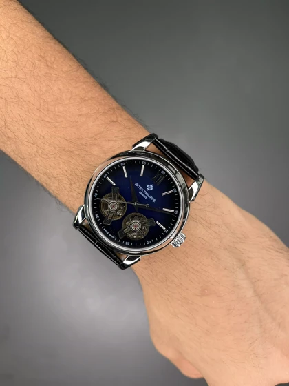 ساعت مچی پتک فیلیپ اتوماتیک دو توربین مشکی صفحه سرمه ای Patek Philippe