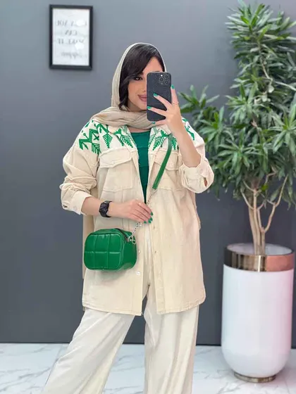 مانتو لینن گلدوزی آستین ریش