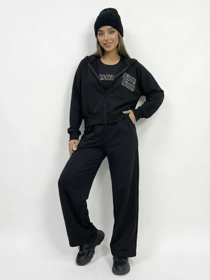 سویشرت کلاه دار و شلوار بگ و کراپ تاپ تیپ دورس مشکی طرح میو میو miu miu