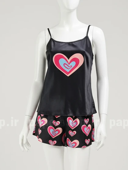 ست لباس خواب تاپ و شورتک ساتن طرح قلب