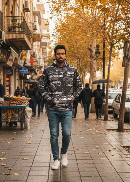 هودی طرحدار مردانه مشکی مدل stock