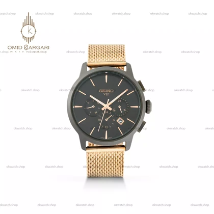 ساعت مچی سیکو فول دیت بند حصیری رزگلد صفحه مشکی Seiko VIP