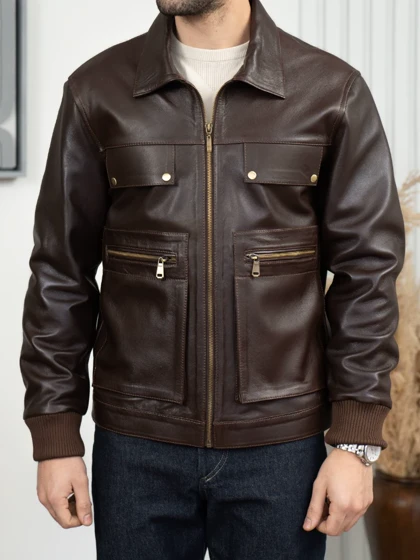 کاپشن چرم طبیعی چهار زیپ قهوه ای کارلوتی j194