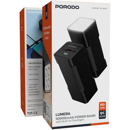 پاوربانک 10000 پورودو Porodo مدل PDPBFCHT41BK توان 22.5 وات چراغ دار