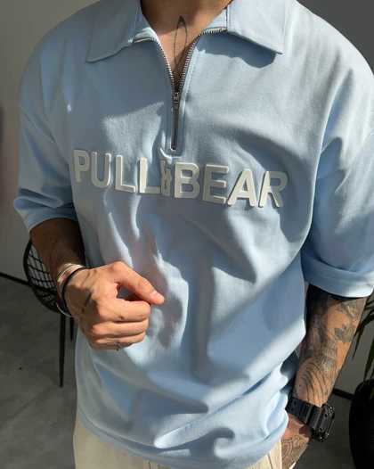تیشرت یقه دار PULL&BEAR رنگ آبی اسکای