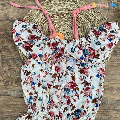 تاپ ساحلی دخترانه سفید گل‌دار