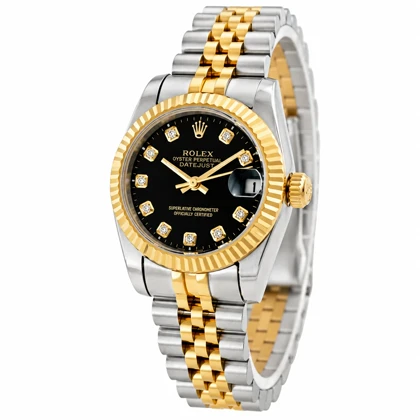 ساعت زنانه رولکس Rolex-4531-M-L دورنگ طلایی و نقره‌ای با صفحه مشکی در سایز M,L