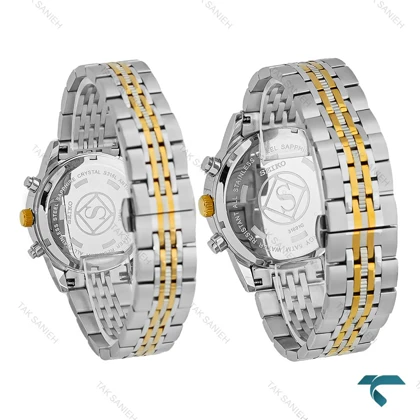 ساعت ست سیکو سه موتوره کرنوگراف دورنگ طلایی صفحه سفید Seiko-8737-S