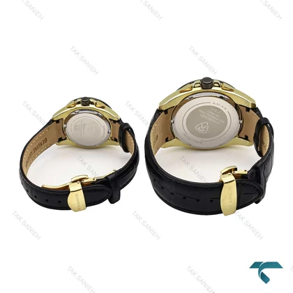 ست ساعت رومانسون سه موتوره طلایی مشکی بند چرم Romanson-5941-S