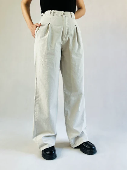 شلوار نیم بگ کاغذی کتان پیلی دار