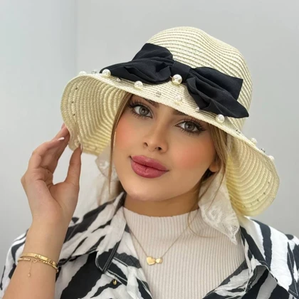 کلاه ساحلی مرواریدی پاپیون مشکی