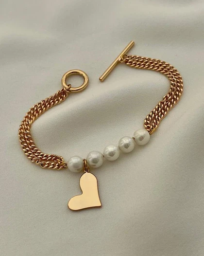 دستبند مروارید و آویز قلب ژوپینگ