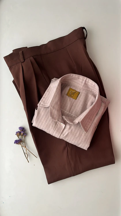 شومیز زنانه راه راه آبی _ کرم استایل روزمره با شلوار قهوه ای 079