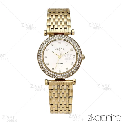 ساعت الکسا پریمیر 0105 زنانه طلایی صفحه سفید دور نگین 106137