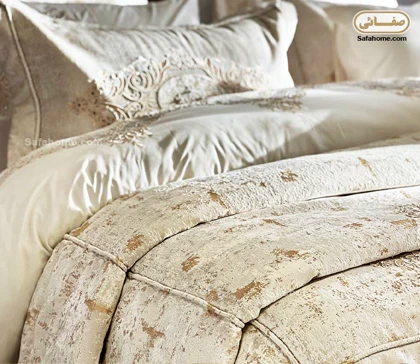 روتختی دو نفره عروس لوکس طرح مخمل پتینه گلاریس بژ طلایی