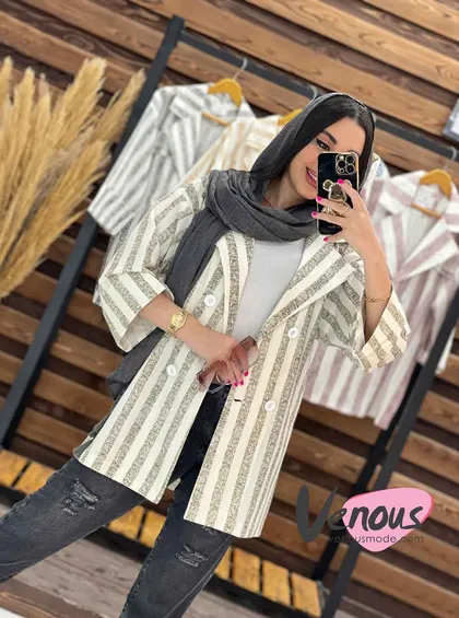 مانتو لینن راه راه چهار دکمه