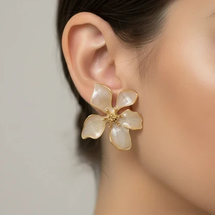 گوشواره زنانه مدل پتالیا طرح گل مینیمال با میناکاری صدفی و فریم طلایی