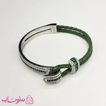دستبند زنانه بولگاری مدل چرم استیل سبز نقره ای کیفیت مستر کد 1600