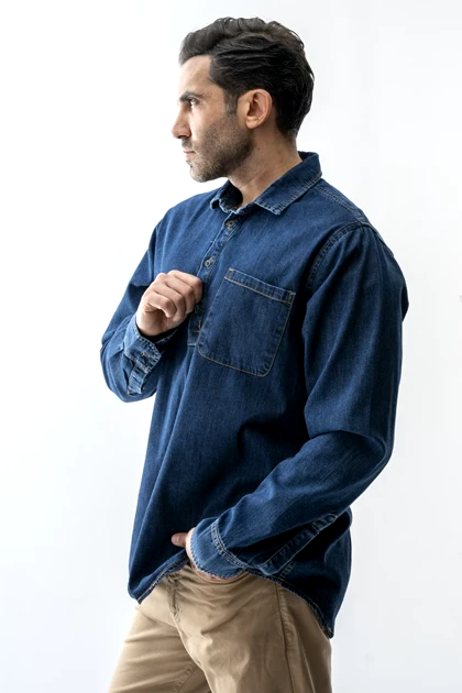 پیراهن جین نیم قاپک یقه دار مردانه