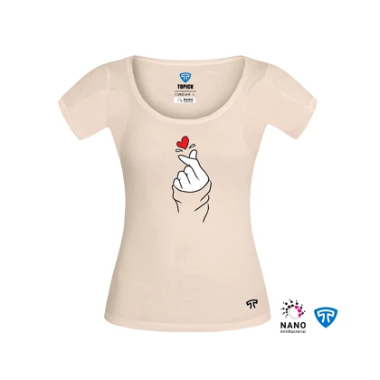 تیشرت نانو آنتی باکتریال ضدتعریق مودال زنانه کرم طرح عشق کره ای