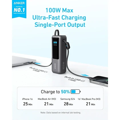 پاور بانک 25000 انکر Anker مدل A1695 توان 100 وات با کابل USB-C