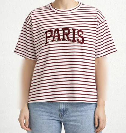 تیشرت باکسی راه راه پنبه زنانه گلدوزی PARIS