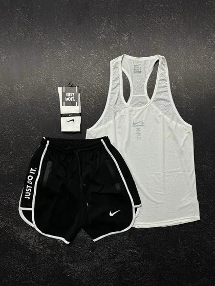 پکیج کد S648 شامل رکابی + شلوارک + جوراب با تم سفید مشکی