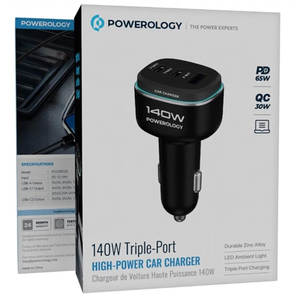 شارژر فندکی فست شارژ ماشین پاورولوژی Powerology مدل PCCSR025BKGY