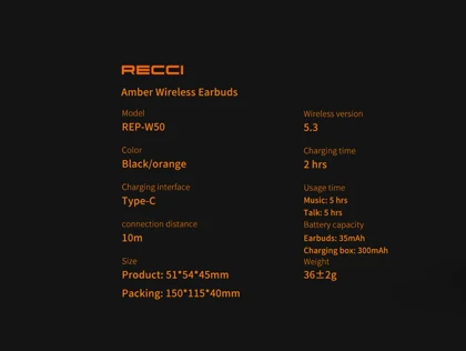 هندزفری بی سیم رسی RECCI REP-W50 Amber Wireless Earbuds
