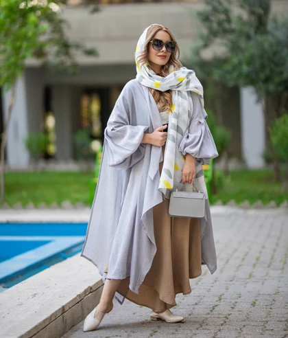 شال نخی طرح برگ طوسی زرد
