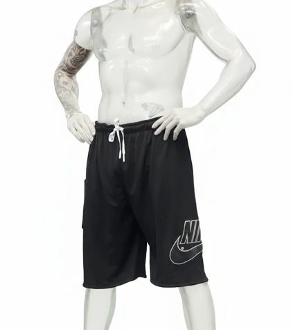 شلوارک بگ نایک (Nike) پارچه کبریتی و لوگو چرمی (مشکی)