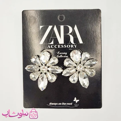 گوشواره زنانه زارا مدل گل کریستال سفید کد 190