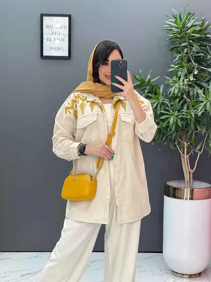 مانتو لینن گلدوزی آستین ریش