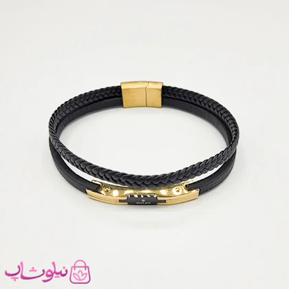 دستبند مردانه رولکس چرم و استیل مشکی طلایی کیفیت مستر کد 1150