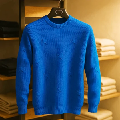 پلیور بافت آبی ایتالیایی یقه گرد فری سایز ضخیم شیک و ترند اولد مانی 2025