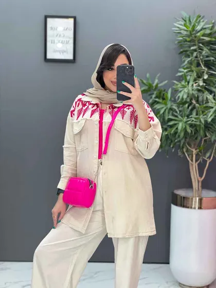 مانتو لینن گلدوزی آستین ریش