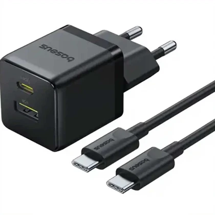 شارژر دیواری 20 وات فست شارژ Type-C و USB بیسوس با کابل دو سر تایپ سی CCZC20UE