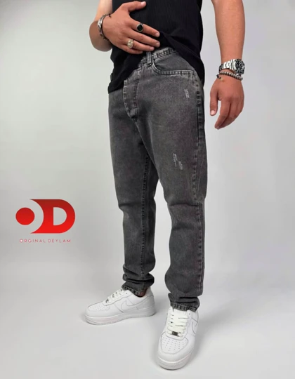 شلوار جین مام فیت دودی مردانه پارچه کجراه سنگشور کد 756