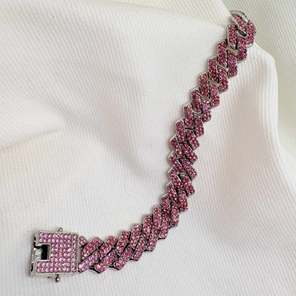 دستبند چین فول نگین صورتی | قفل کتابی