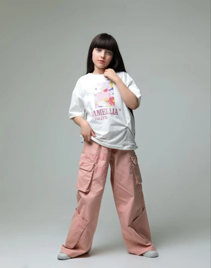 تیشرت شلوار دخترانه طرح گل برجسته رنگ صورتی