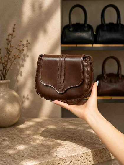 کیف چرم زنانه قهوه ای سوخته ابر و بادی ساده چرم اصل گاوی