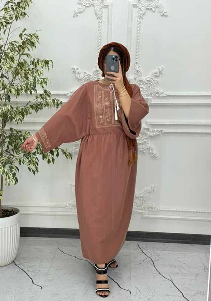 پیراهن لینن گلدوزی آستین کیمونو کالباسی 6029