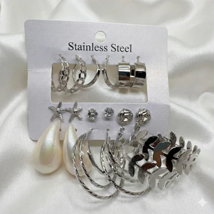 پک 9 عددی گوشواره استیل مدل «ورایتی» (Variety Pack) | شامل حلقه‌ای، مرواریدی و طرح دریایی