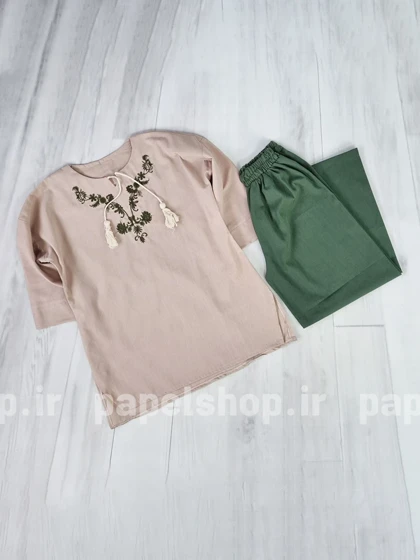 ست تونیک و شلوار لینن یقه گلدوزی