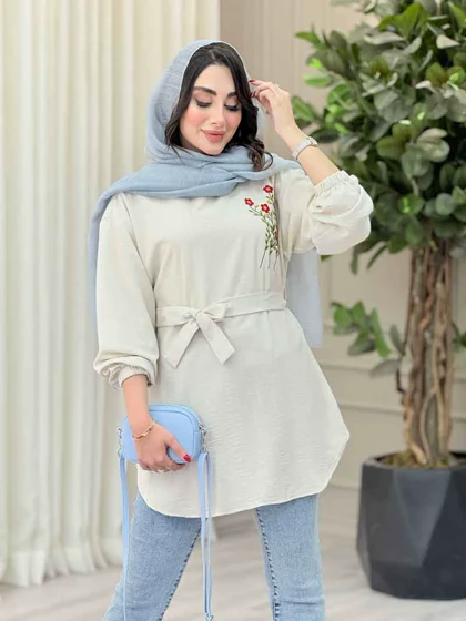 مانتو گلدوزی جلوبسته کمردار