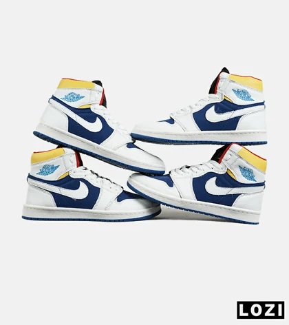 کفش کتانی مردانه و زنانه ساق‌دار سفید آبی زرد NIKE jordan 1