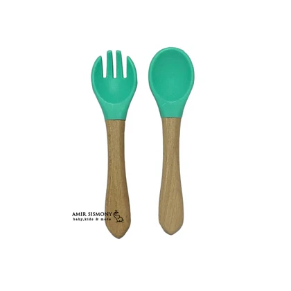 قاشق سر سیلیکونی دسته چوبی کودک