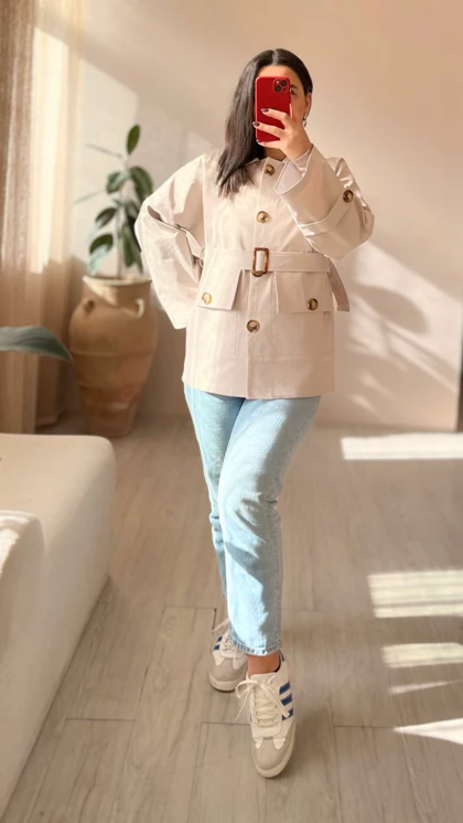 جکت کتان استخوانی آستردار زنانه