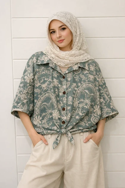 خرید شومیز گره‌ای طرح دار بته جقه کد10012 گالری روژانو
